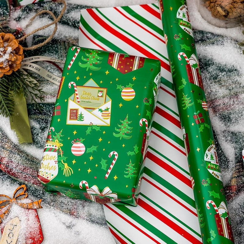 MAYPLUSS Green Christmas Wrapping Paper Roll, Reversible Festive Ornament Wrapping Paper, Metllic Foil Vintage Stocking & Bell Christmas Gift Wrap for Kid Holiday, Celebrations (17 Inch X 33 Feet) - Image 2